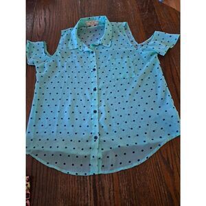 Large Pink Rose Green Cold Shoulder Short Sleeve Semi Sheer Button Front Blouse